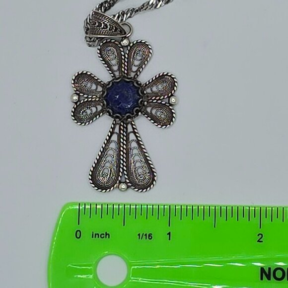 Vintage Sterling Silver Lapis Lazuli DGS 925 Turkey Filigree Cross Necklace - Picture 6 of 7